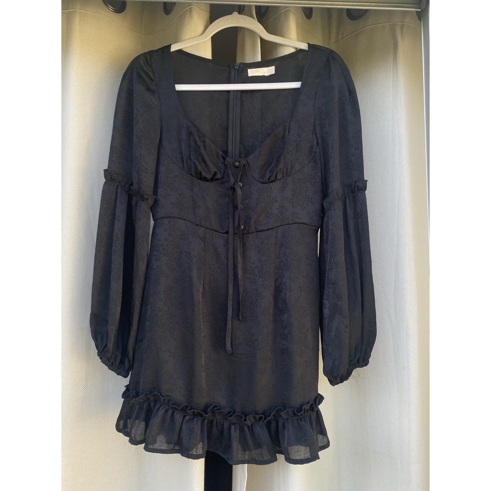 Blossom Black Jacquard Satin Ruffle Mini Dress Long‎ Sleeve Cottagecore Size 8